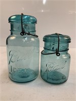 (2) Ant. Ideal Blue glass Ball Jars, Wire Tops