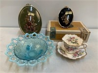 Blue Glass Candy Dish, Cup & Saucer, Pictures, etc