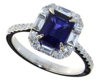 14kt Gold 2.72 ct Em Cut Sapphire & Diamond Ring