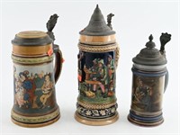 (3) antique German steins with hand painted