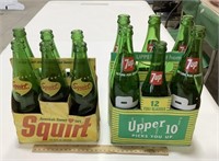 6 Squirt & 6 7up glass bottles w/ cardboard