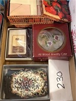 Vintage lot; all wood jewelry box & more