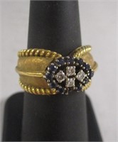 18K Gold Ring W/ Diamonds & Blue Stones