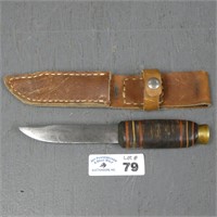 Unmarked Stacked Leather Handle Knife & Sheath