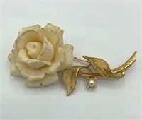 JUDY LEE Carved White Rose Faux Pearl Gold Brooch