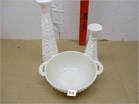 White Milk Glass Dish & Vases