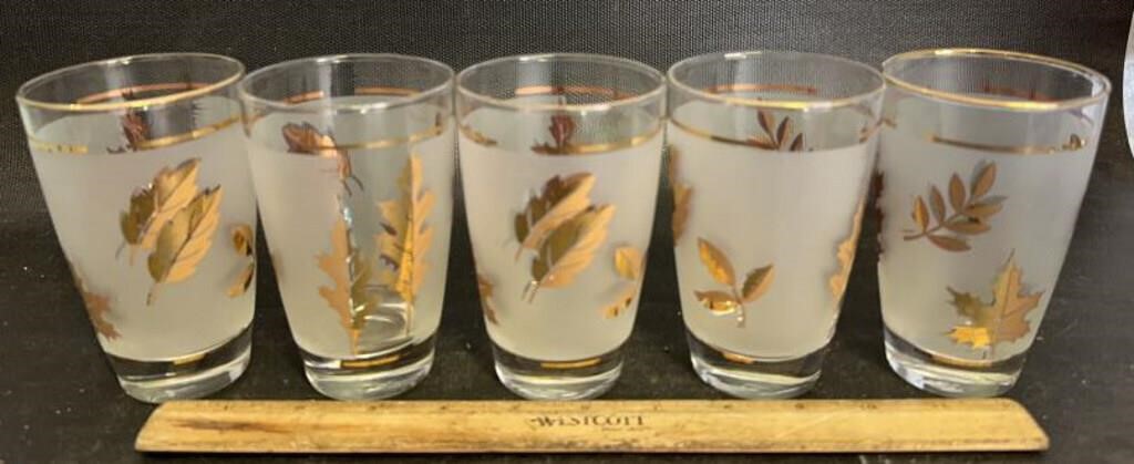 (5)VINTAGE MCM LIBBY GOLD LEAF FROSTED BAR GLASSES