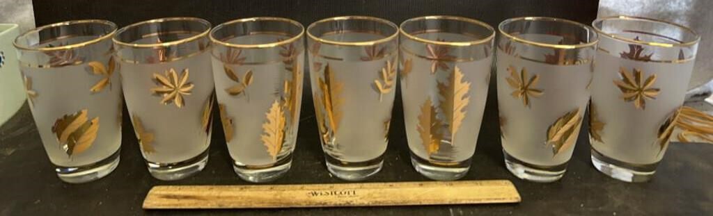 (7)VINTAGE MCM LIBBY GOLD LEAF FROSTED BAR GLASSES