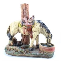 Chalkware Saddled Horse Drinking Water Sculpture