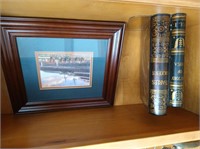 Faux book bookends and horse race track print