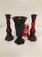 Ruby Red Vase and 2 Candlesticks