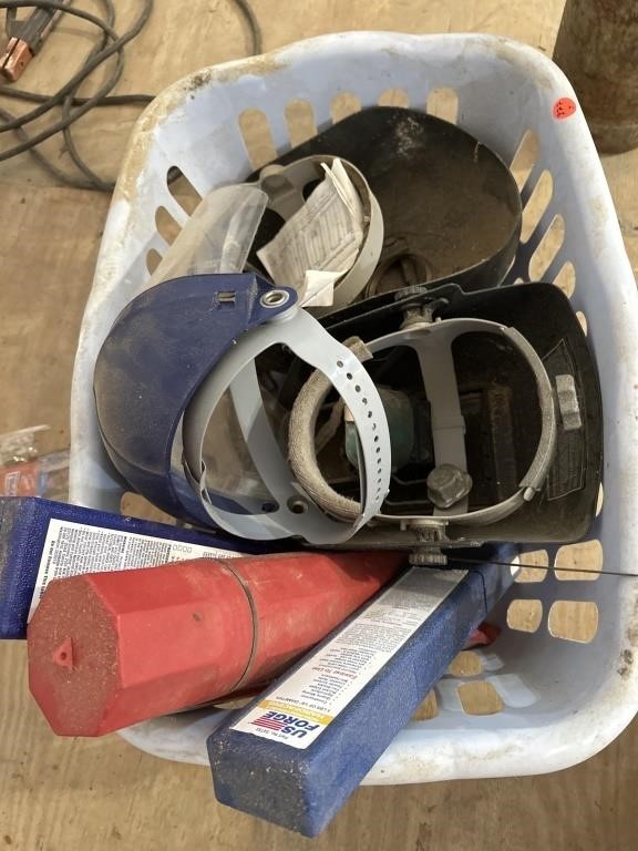 BASKET OF WELDING HELMETS, WELDING RODS