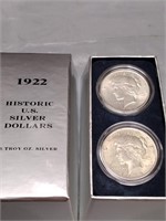 1922 box set of 2 Peace silver dollars