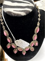 SILVER VINTAGE 26+CT PINK CATS EYE 16 1/2" NECKLAC