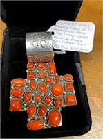 STERLING 23+CT CORAL CROSS BY NAVAJO ROCKI GORMAN