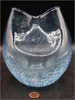 Blenko Handblown Crackle Blue Pinched Vase