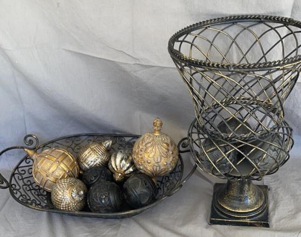 Wire Basket/Urn with Wood Ornaments Decorative