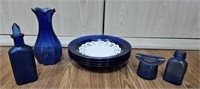 Cobalt Blue glassware set. 4 plates, 1 base, 2