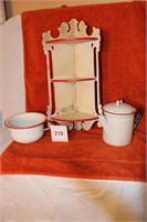 ENAMELWARE CORNER SHELF, TEAPOT AND BOWL