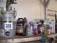 Shelf of Misc. (Galvanized Tank, Funnel, Cleaners