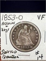 1853 Seated Quarter-O Arrows & Rays-VF