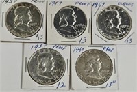 5 Franklin Proof Silver Half Dollars 1957, 59 & 60