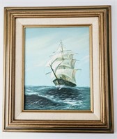 Vintage Signed Oil on Canvas Clipper Ship Painting