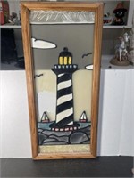 VINTAGE LIGHTHOUSE STAINED GLASS WINDOW PANEL