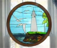 LARGE STAINED GLASS LIGHTHOUSE WINDOW HANGING