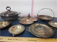 Silver P,ate footed casserole & serving pieces