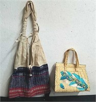 Decorative wicker purse with a broken strap and