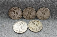 5 Walking Liberty Half Dollars- Various Dates