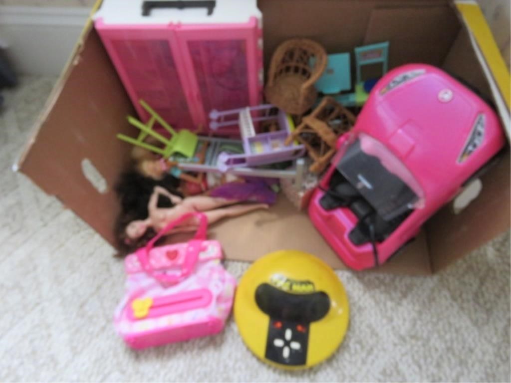 BOX OF BARBIES, FURNITURE, CLOTHING, CAR AND MORE