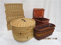 Collection of wicker boxes, steamer, letter holder