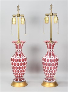 Pair of Cranberry Glass Lamps