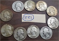 10 old silver Washington quarters 1939-1960