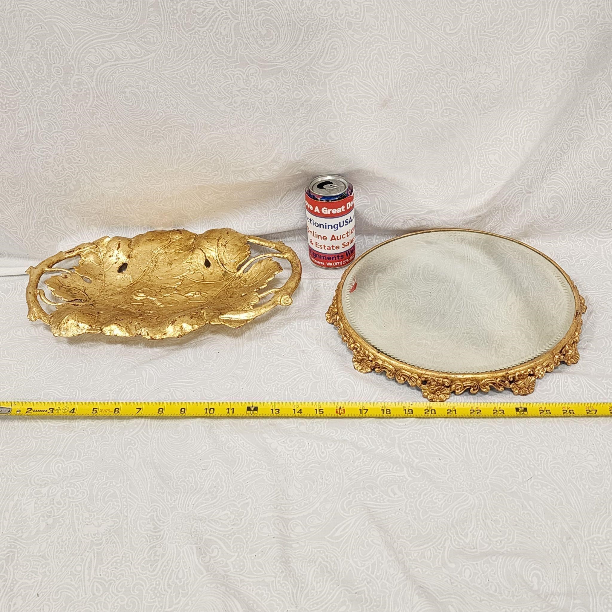 Antique Dresser Top Scalloped Gilded Mirror Tray+
