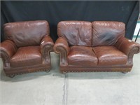2 PC BROWN LEATHER LOVE SEAT & MATCHING CHAIR