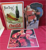 Coca-Cola Lot 3 Signs 2 Tin & 1 Cardboard Santa