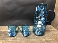 Beautiful blue glass hand painted Pitcher & 2 cups