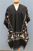 Embroidered Black Wool Fringed Pancho