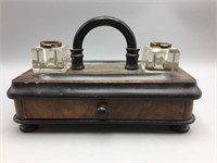 Wooden desk set with inkwells