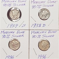 (4) 1930's Silver Mercury Dimes