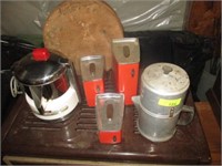 Perculator coffee pot, cheese box, metal canister