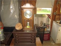 Clock, frog, wood silverware cabinet