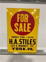 H.A. STILES 4 SALE TINTACKER SIGN, 20 X 14