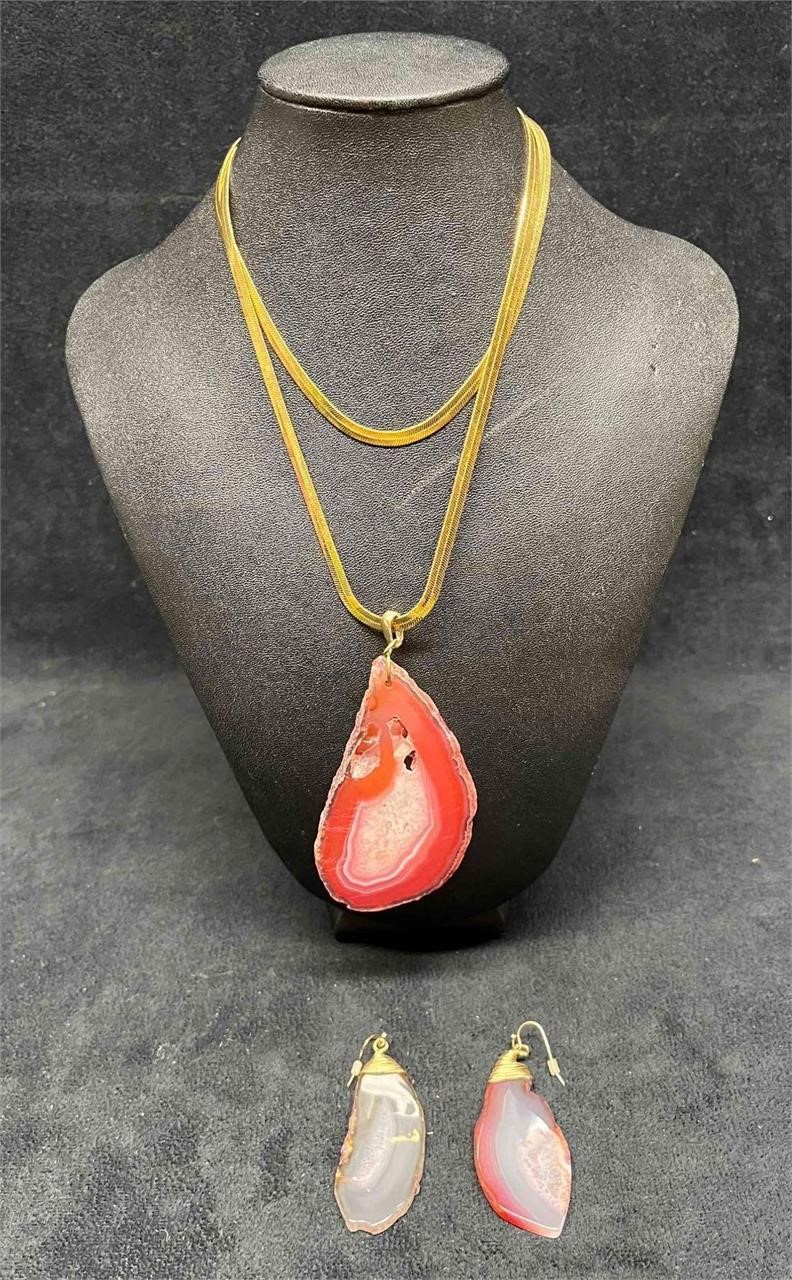 Agate Like Stone & Gold Colored Necklace/ Earring