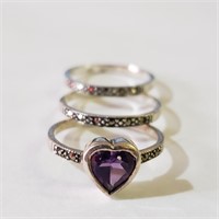 $120 Silver Set Of 3 Stacking Marcasite Amethyst R
