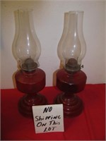 Pair of Flashed Red Glass Oil Hurricane  Lamps