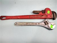 Large pipe wrench and 15 inch adjustable wrench